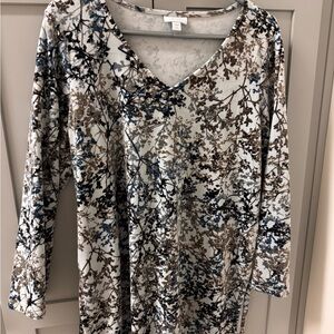 J. Jill Cream Floral V-Neck Tunic with Brown & Blue Branch Print